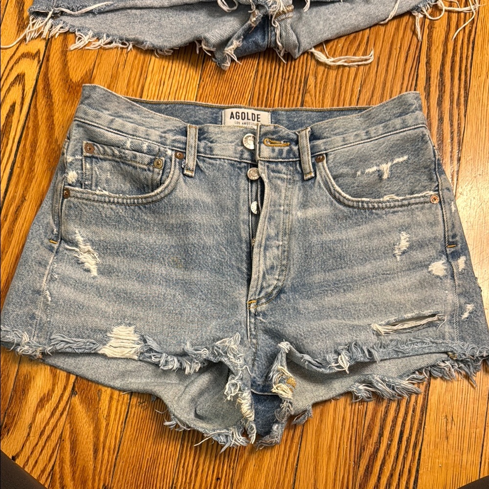 Agolde Light Blue Distressed Jean Shorts